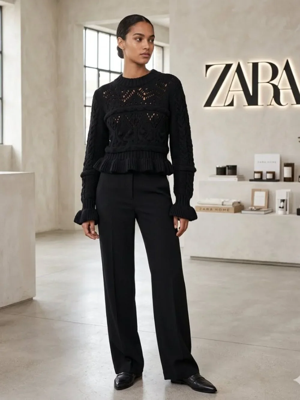 Zara Women's Size S Black Chunky Knit Bell Sleeve Open Weave Cropped Sweater